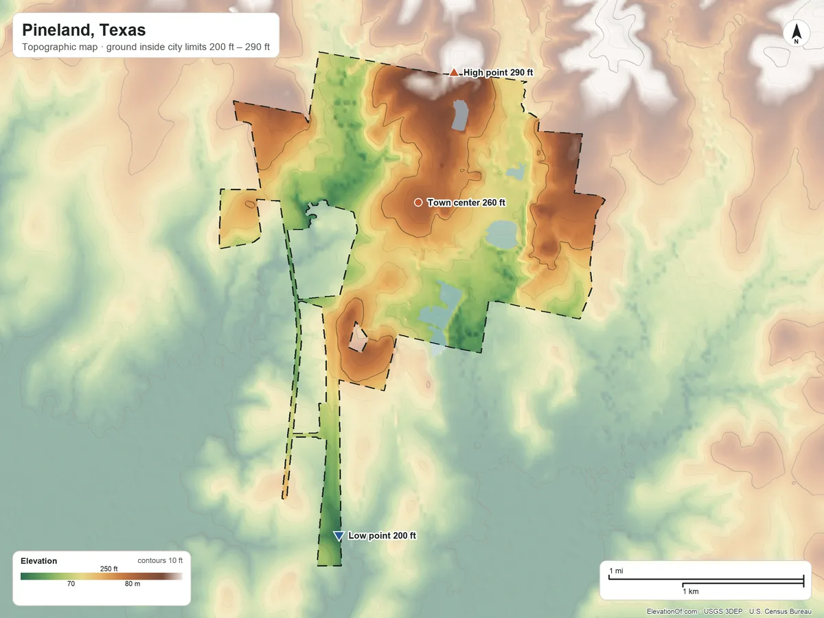 Topographic elevation map of Pineland, Texas, shaded from 200 ft on the south side to 290 ft on the north side