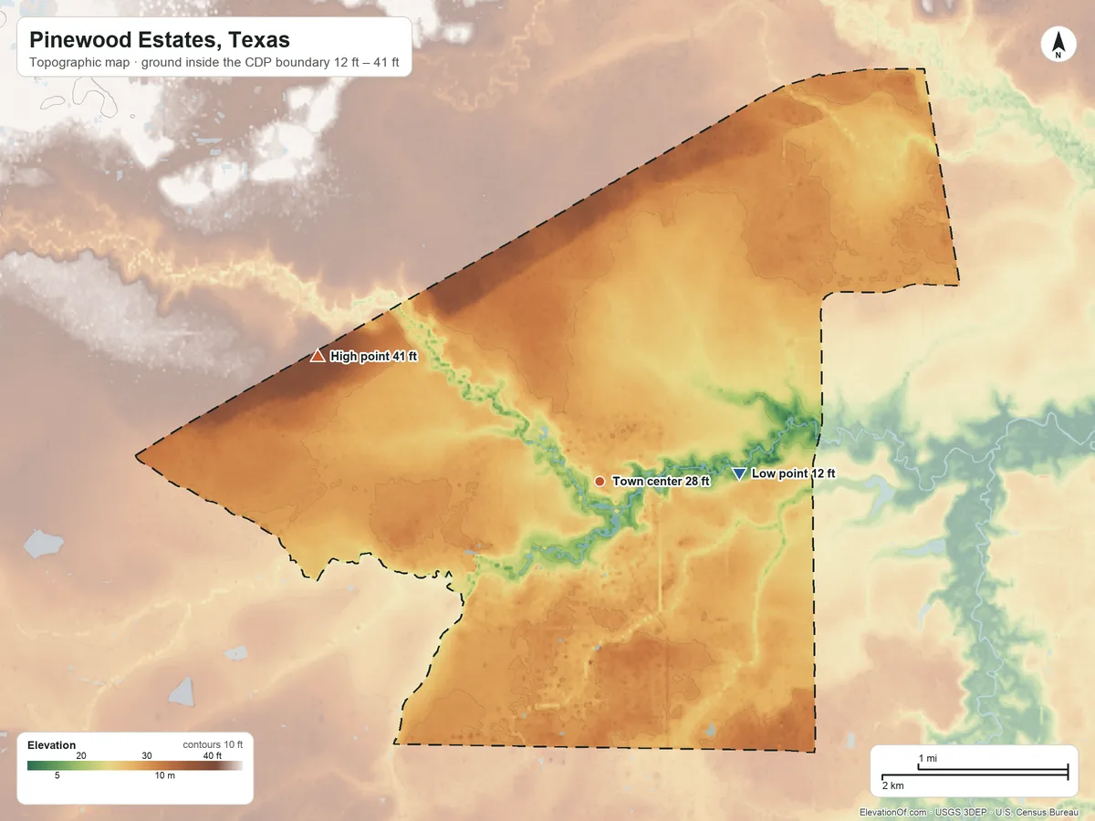 Topographic elevation map of Pinewood Estates, Texas, shaded from 12 ft on the east side to 41 ft on the northwest side
