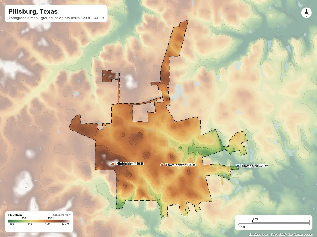 Topographic elevation map of Pittsburg, Texas, shaded from 320 ft on the east side to 440 ft on the west side