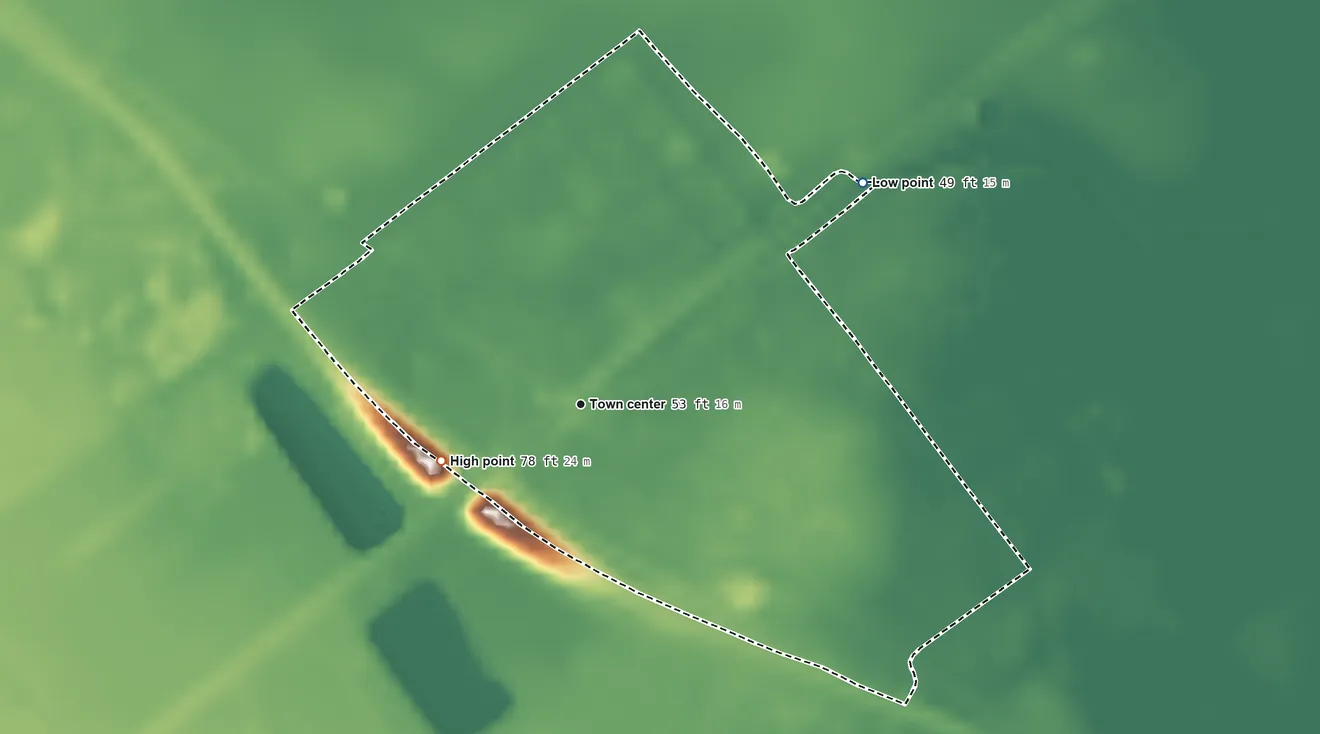 Topographic elevation map of Placedo, Texas, shaded from 49 ft on the northeast side to 78 ft on the west side