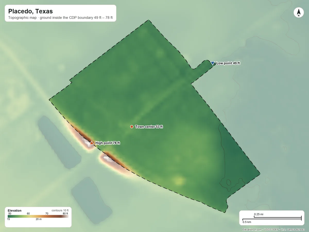 Topographic elevation map of Placedo, Texas, shaded from 49 ft on the northeast side to 78 ft on the west side