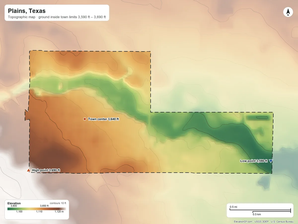 Topographic elevation map of Plains, Texas, shaded from 3,590 ft on the east side to 3,690 ft on the southwest side