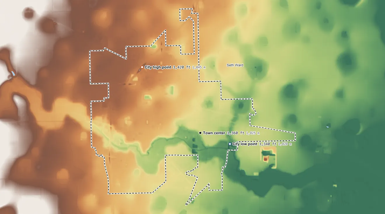 Topographic elevation map of Plainview, Texas, shaded from 3,340 ft on the east side to 3,420 ft on the northwest side