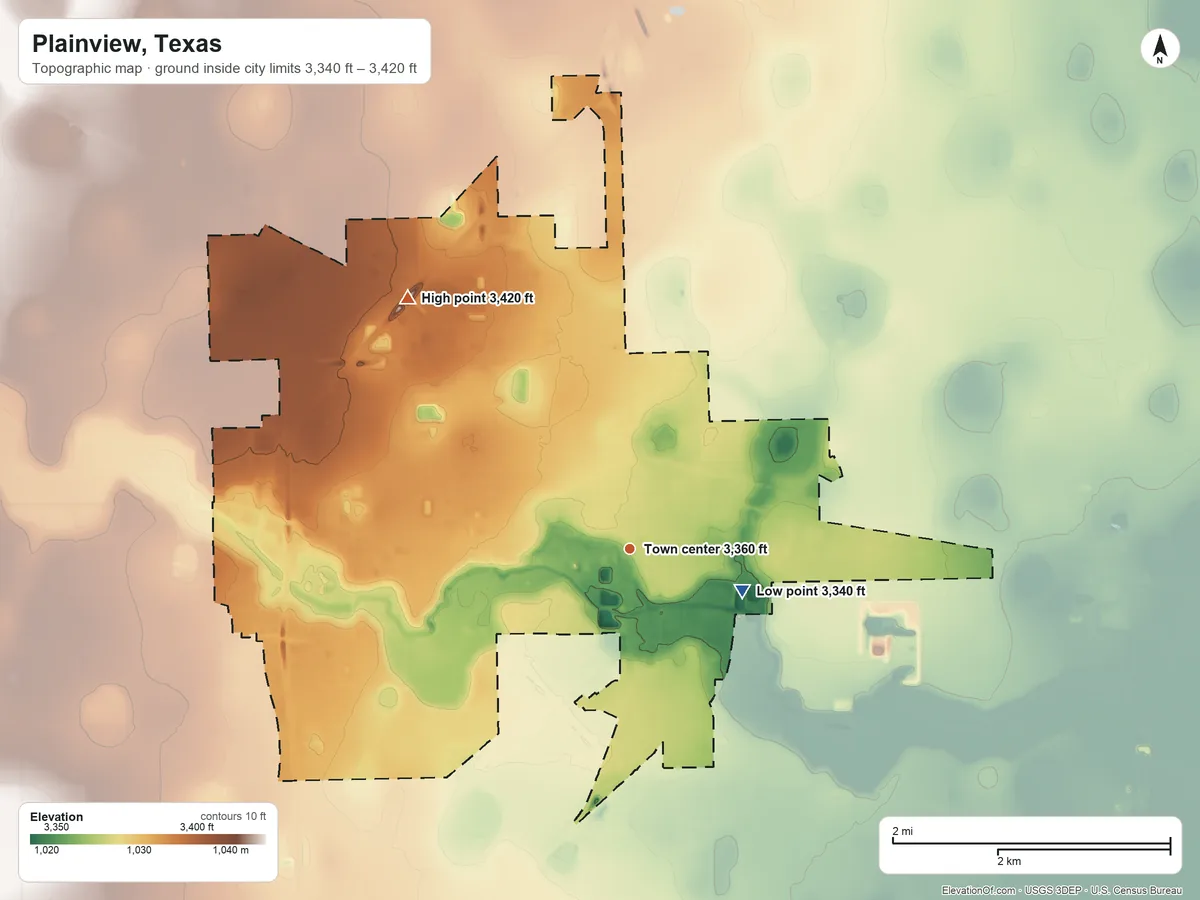Topographic elevation map of Plainview, Texas, shaded from 3,340 ft on the east side to 3,420 ft on the northwest side