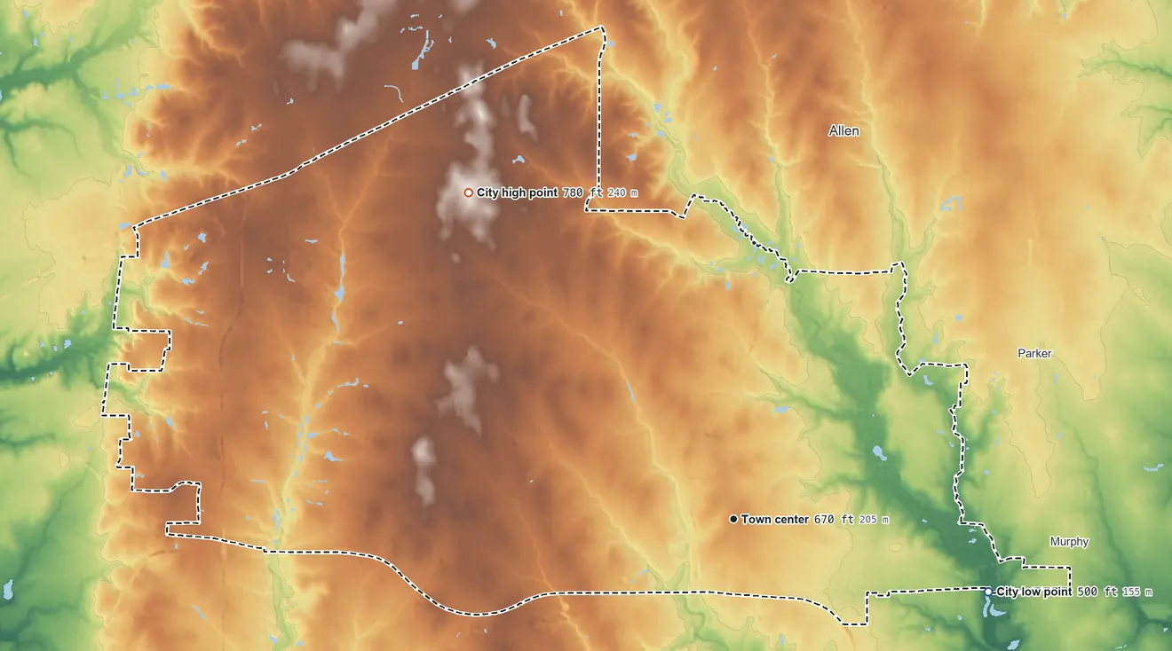 Topographic elevation map of Plano, Texas, shaded from 500 ft on the east side to 780 ft on the northwest side