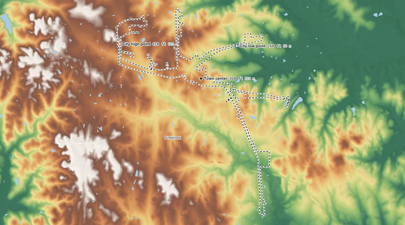 Topographic elevation map of Plantersville, Texas, shaded from 260 ft on the northeast side to 410 ft on the northwest side