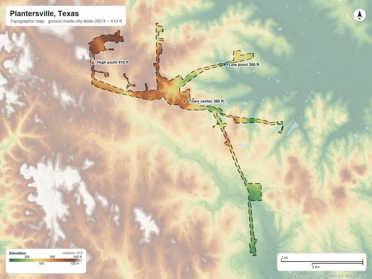Topographic elevation map of Plantersville, Texas, shaded from 260 ft on the northeast side to 410 ft on the northwest side