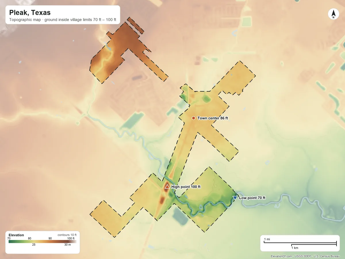 Topographic elevation map of Pleak, Texas, shaded from 70 ft on the southeast side to 100 ft on the south side