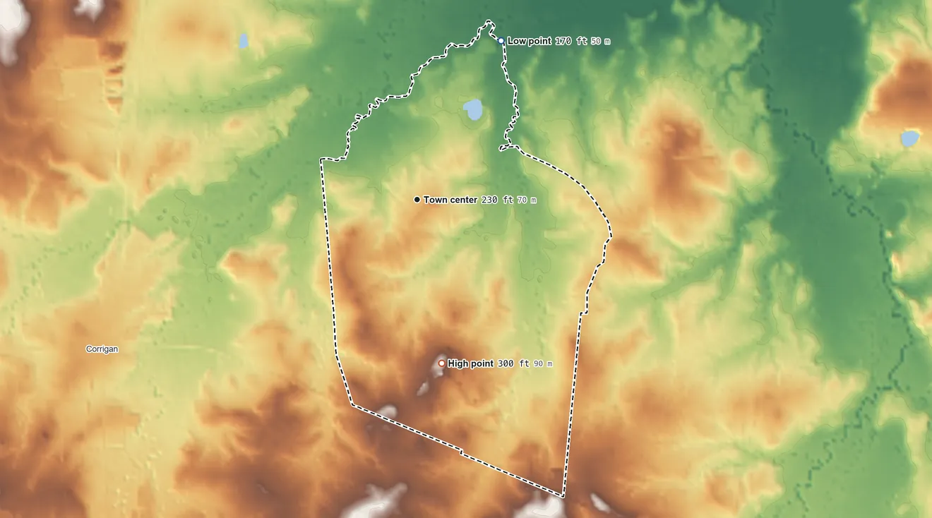 Topographic elevation map of Pleasant Hill, Texas, shaded from 170 ft on the northeast side to 300 ft on the south side
