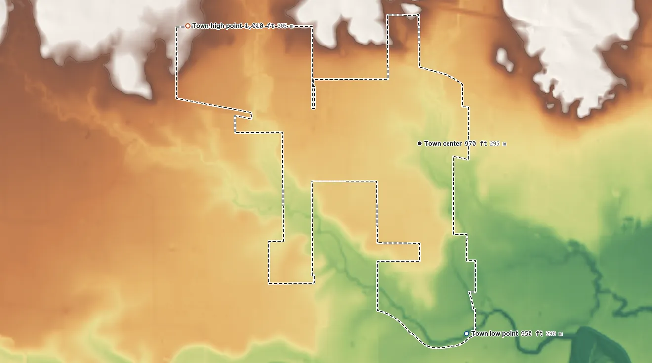 Topographic elevation map of Pleasant Valley, Texas, shaded from 950 ft on the south side to 1,010 ft on the northwest side