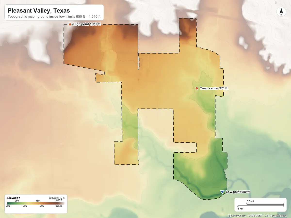 Topographic elevation map of Pleasant Valley, Texas, shaded from 950 ft on the south side to 1,010 ft on the northwest side