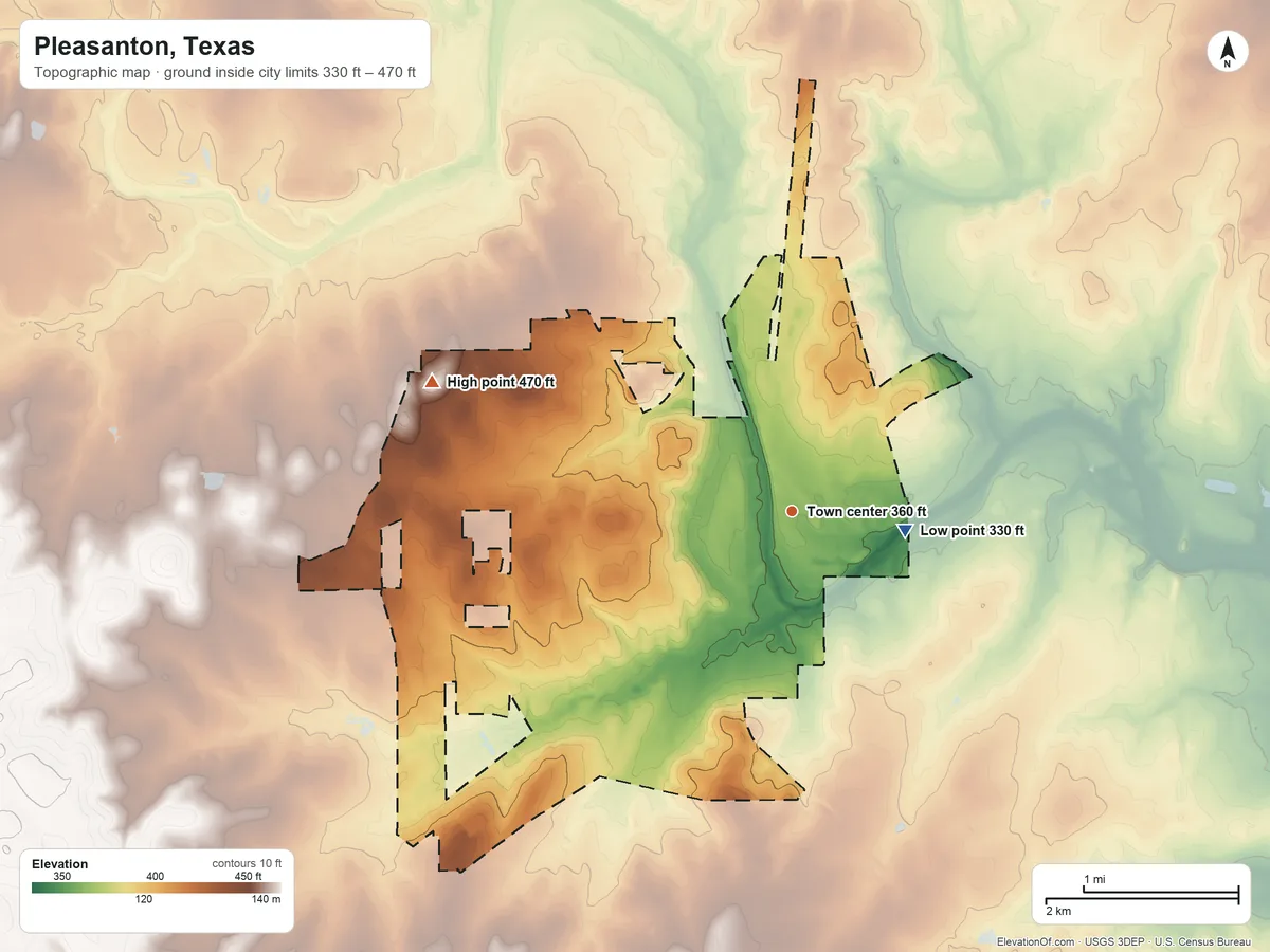 Topographic elevation map of Pleasanton, Texas, shaded from 330 ft on the east side to 470 ft on the west side