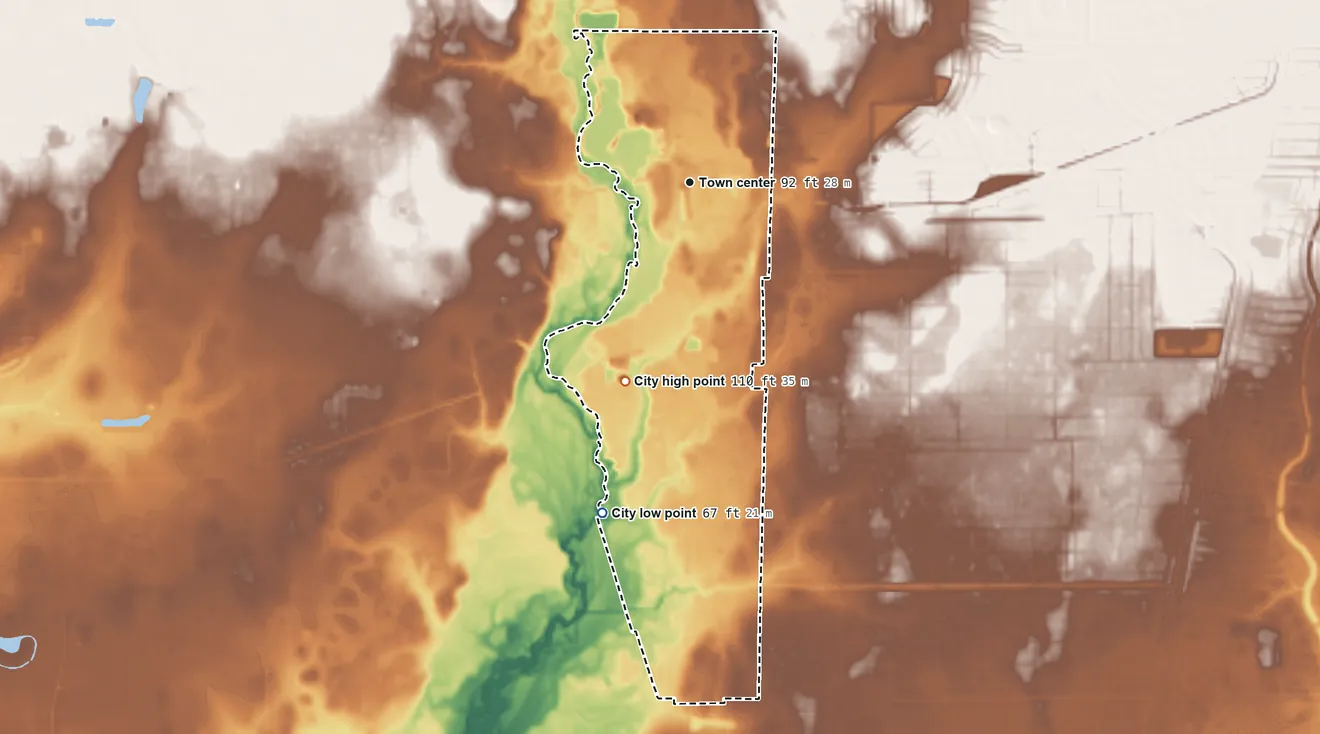 Topographic elevation map of Plum Grove, Texas, shaded from 67 ft on the south side to 110 ft on the south side