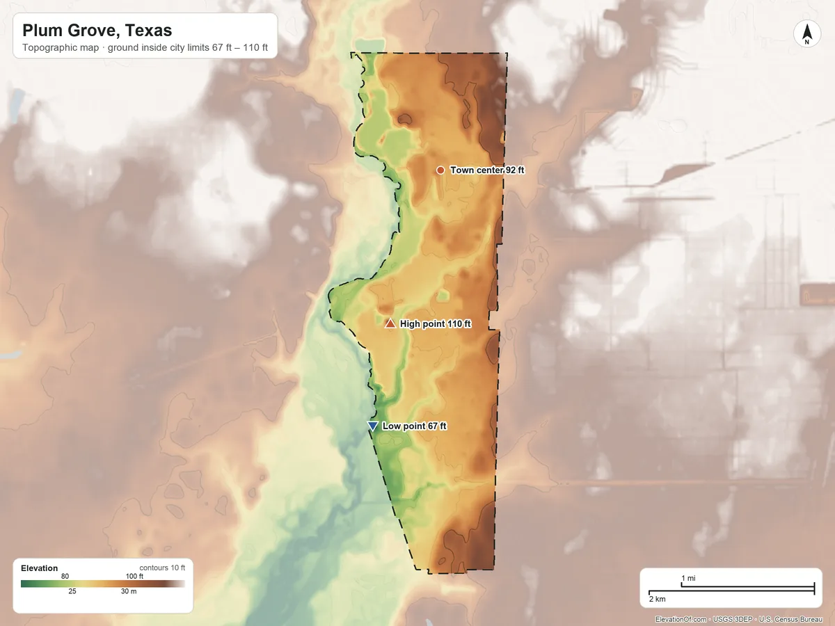 Topographic elevation map of Plum Grove, Texas, shaded from 67 ft on the south side to 110 ft on the south side