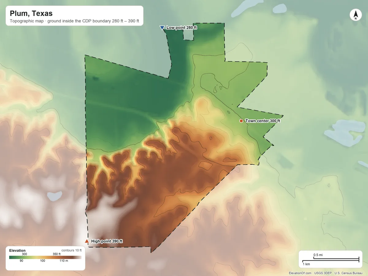 Topographic elevation map of Plum, Texas, shaded from 280 ft on the northwest side to 390 ft on the southwest side