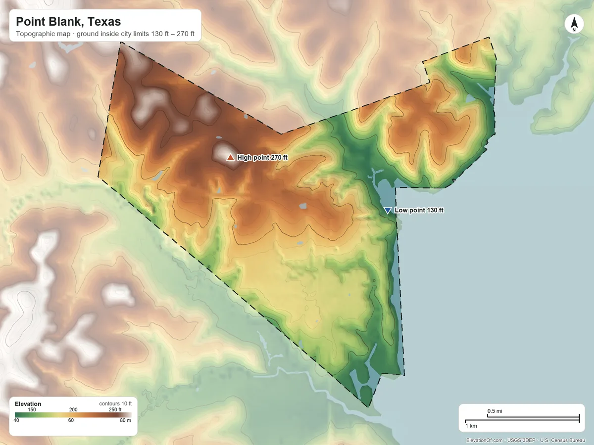 Topographic elevation map of Point Blank, Texas, shaded from 130 ft near the middle to 270 ft on the west side