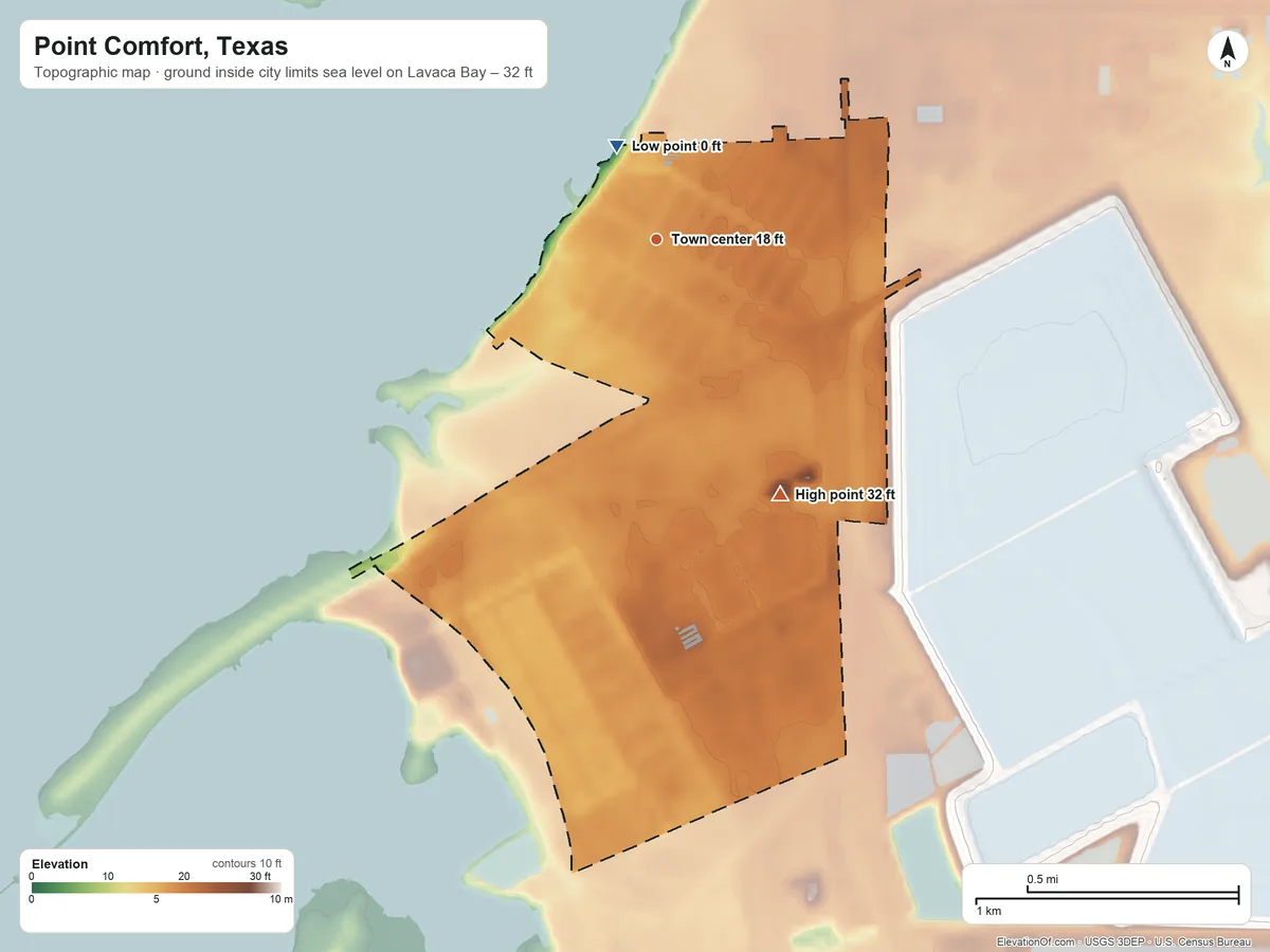 Topographic elevation map of Point Comfort, Texas, shaded from sea level level on Lavaca Bay to 32 ft on the southeast side