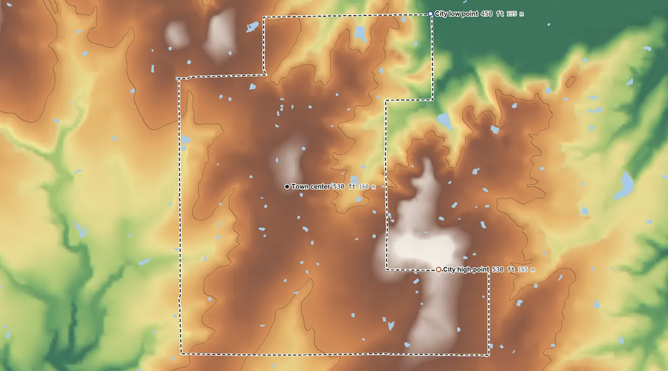 Topographic elevation map of Point, Texas, shaded from 450 ft on the northeast side to 530 ft on the southeast side