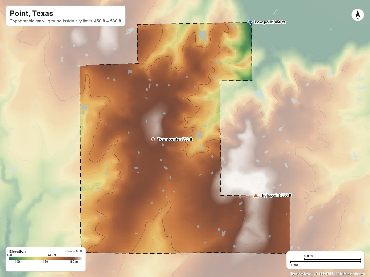 Topographic elevation map of Point, Texas, shaded from 450 ft on the northeast side to 530 ft on the southeast side