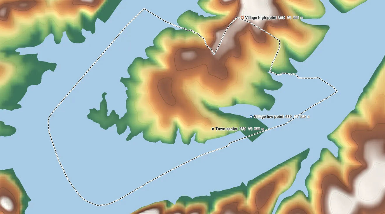 Topographic elevation map of Point Venture, Texas, shaded from 680 ft on the east side to 840 ft on the north side