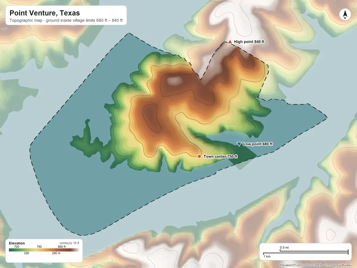 Topographic elevation map of Point Venture, Texas, shaded from 680 ft on the east side to 840 ft on the north side