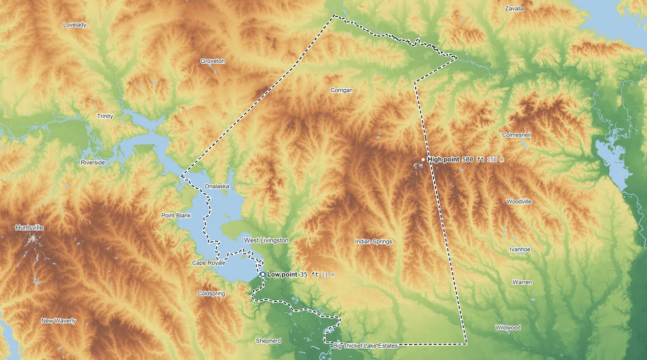 Topographic elevation map of Polk County, Texas, shaded from 35 ft on the southwest side to 500 ft on the east side