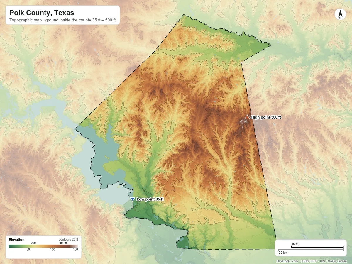 Topographic elevation map of Polk County, Texas, shaded from 35 ft on the southwest side to 500 ft on the east side
