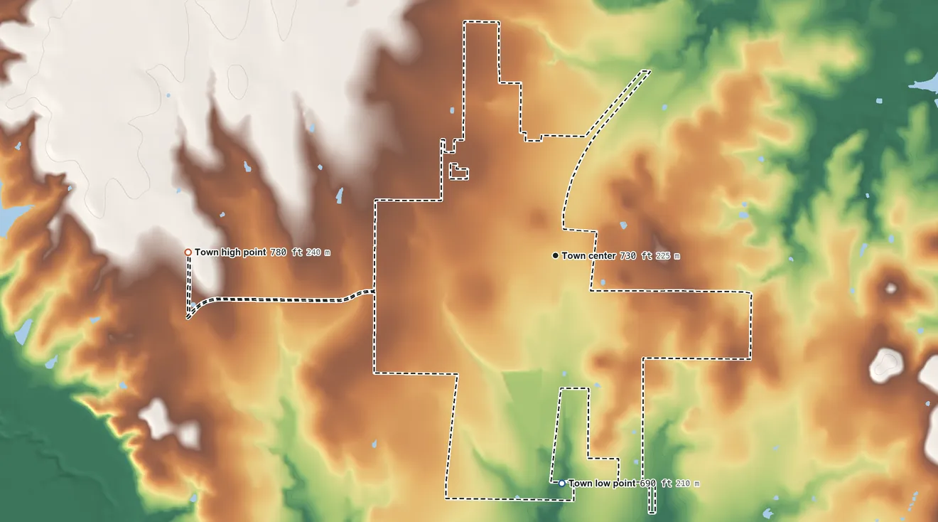 Topographic elevation map of Ponder, Texas, shaded from 690 ft on the south side to 780 ft on the west side