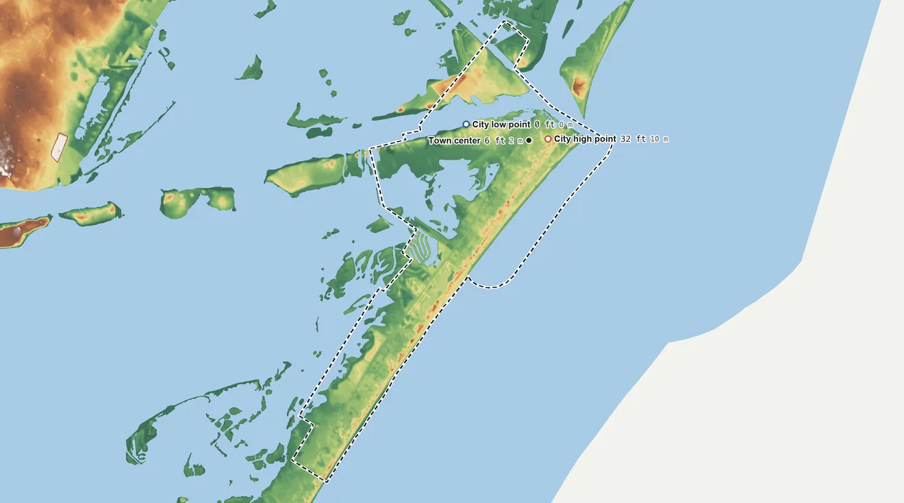 Topographic elevation map of Port Aransas, Texas, shaded from sea level level on the Gulf of America to 32 ft near the middle