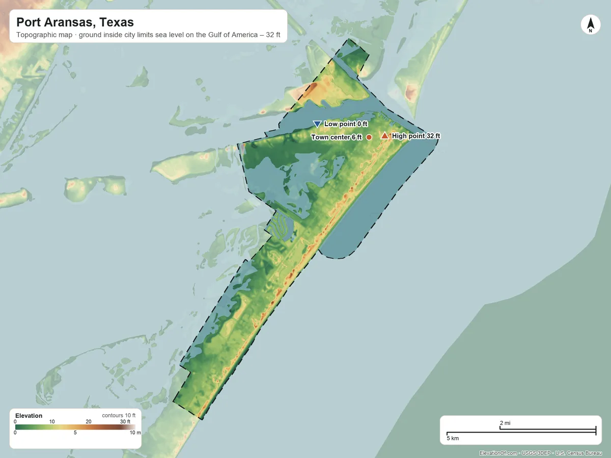 Topographic elevation map of Port Aransas, Texas, shaded from sea level level on the Gulf of America to 32 ft near the middle