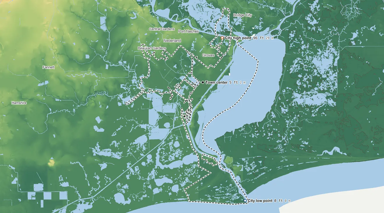 Topographic elevation map of Port Arthur, Texas, shaded from sea level level on the Gulf of America to 96 ft on the northeast side