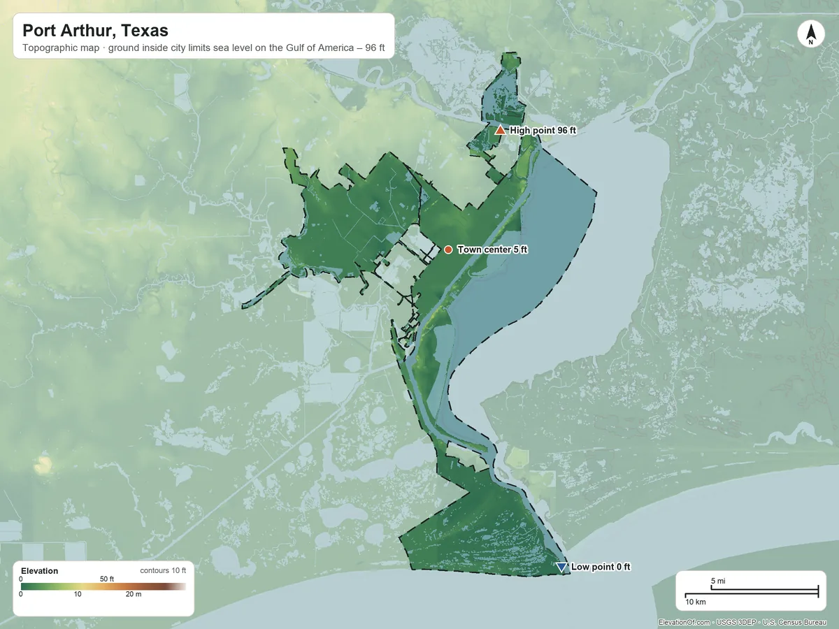 Topographic elevation map of Port Arthur, Texas, shaded from sea level level on the Gulf of America to 96 ft on the northeast side