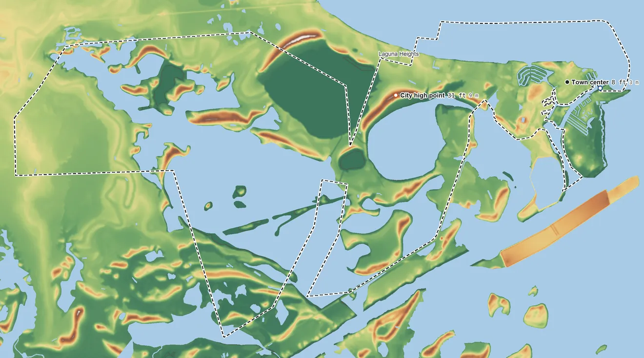 Topographic elevation map of Port Isabel, Texas, shaded from sea level level on the Laguna Madre to 31 ft on Loma la Cuchilla