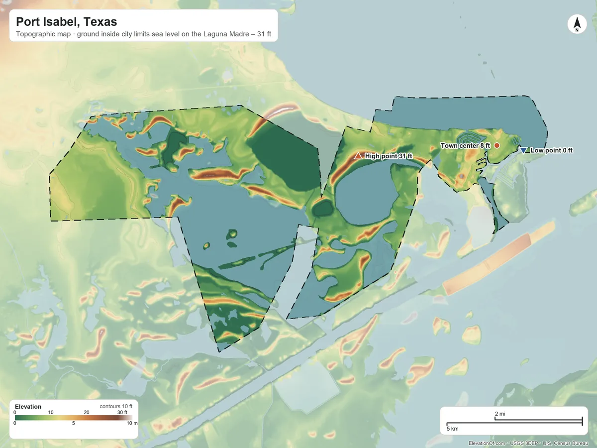 Topographic elevation map of Port Isabel, Texas, shaded from sea level level on the Laguna Madre to 31 ft on Loma la Cuchilla