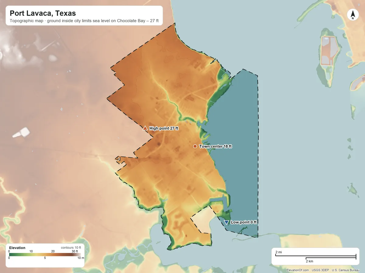 Topographic elevation map of Port Lavaca, Texas, shaded from sea level level on Chocolate Bay to 27 ft on the west side
