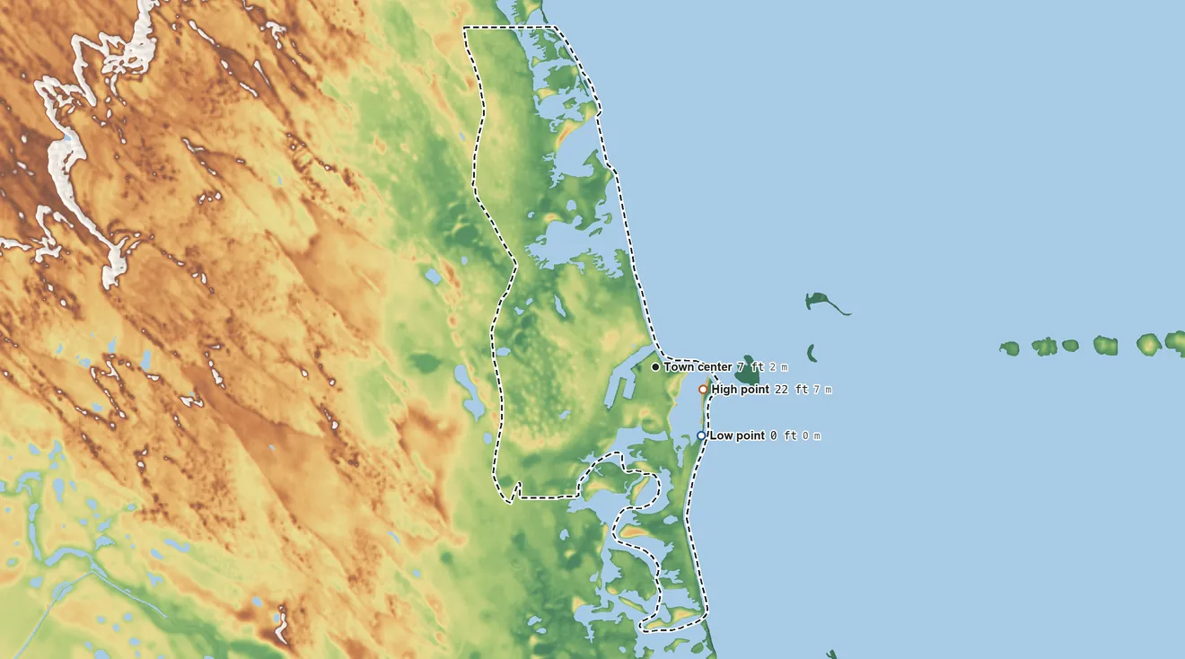 Topographic elevation map of Port Mansfield, Texas, shaded from sea level level on the Laguna Madre to 22 ft near the middle