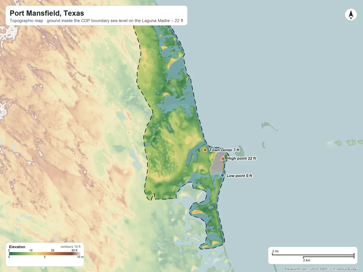 Topographic elevation map of Port Mansfield, Texas, shaded from sea level level on the Laguna Madre to 22 ft near the middle