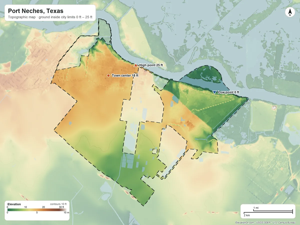 Topographic elevation map of Port Neches, Texas, shaded from 0 ft on the east side to 25 ft on the east side