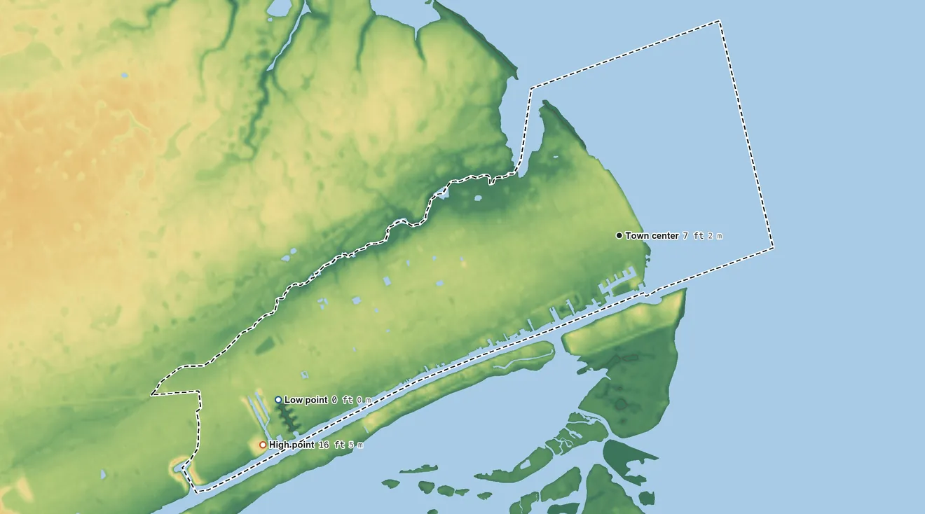 Topographic elevation map of Port O'Connor, Texas, shaded from sea level level on Espiritu Santo Bay to 16 ft on the southwest side