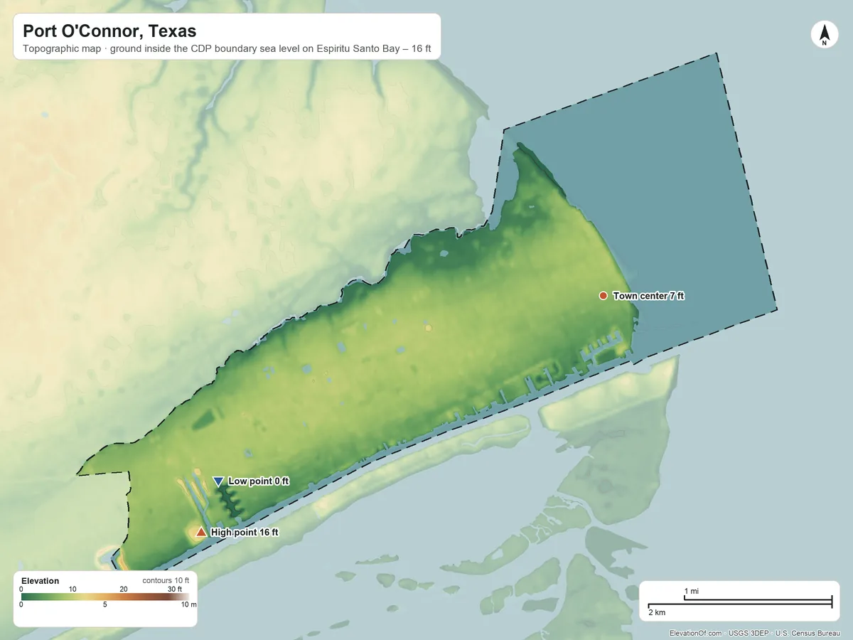 Topographic elevation map of Port O'Connor, Texas, shaded from sea level level on Espiritu Santo Bay to 16 ft on the southwest side