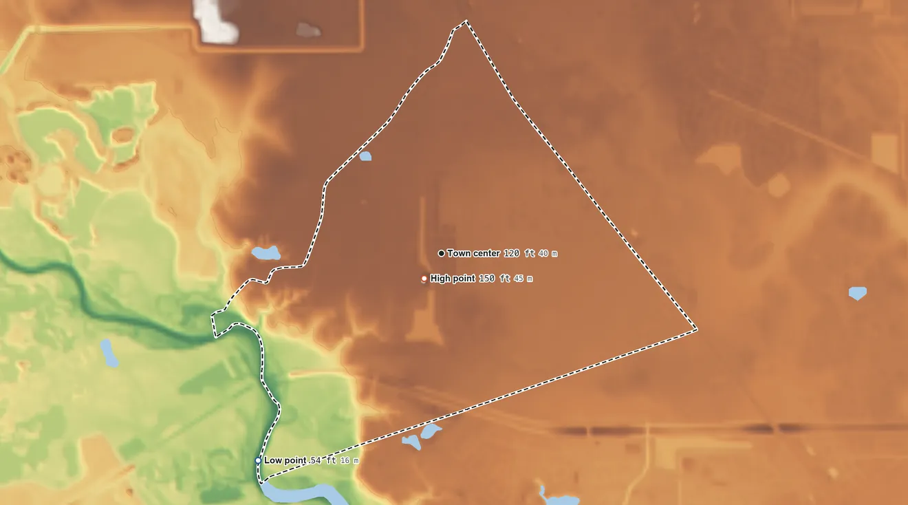 Topographic elevation map of Porter Heights, Texas, shaded from 54 ft on the southwest side to 150 ft near the middle