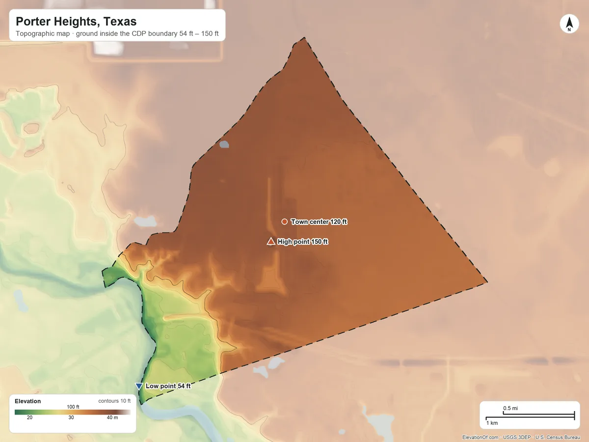 Topographic elevation map of Porter Heights, Texas, shaded from 54 ft on the southwest side to 150 ft near the middle