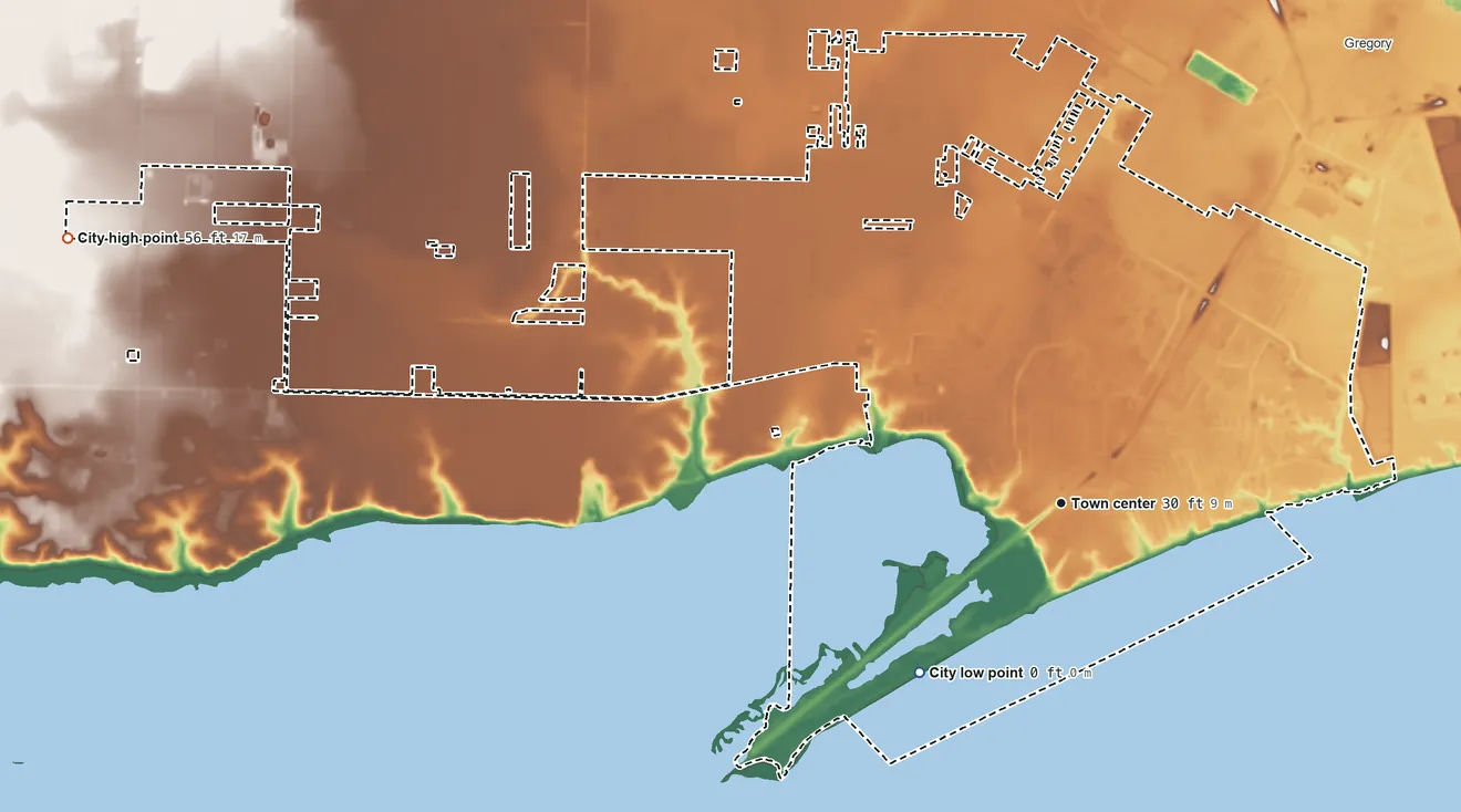 Topographic elevation map of Portland, Texas, shaded from sea level level on Nueces Bay to 56 ft on the west side
