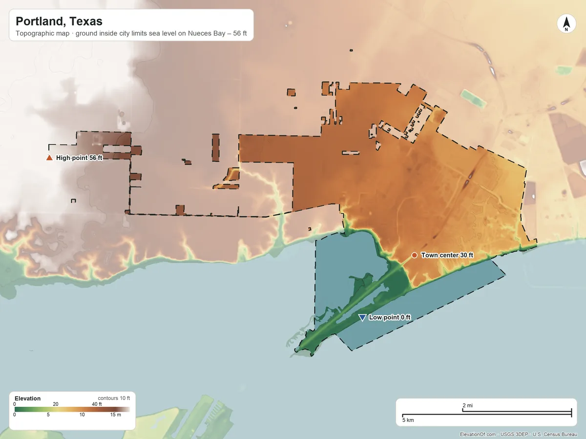 Topographic elevation map of Portland, Texas, shaded from sea level level on Nueces Bay to 56 ft on the west side