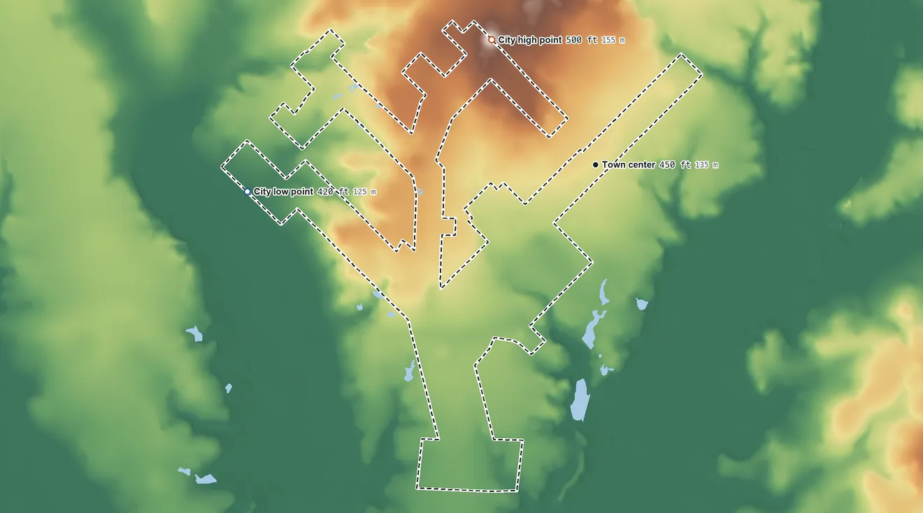 Topographic elevation map of Post Oak Bend, Texas, shaded from 420 ft on the west side to 500 ft on the northwest side