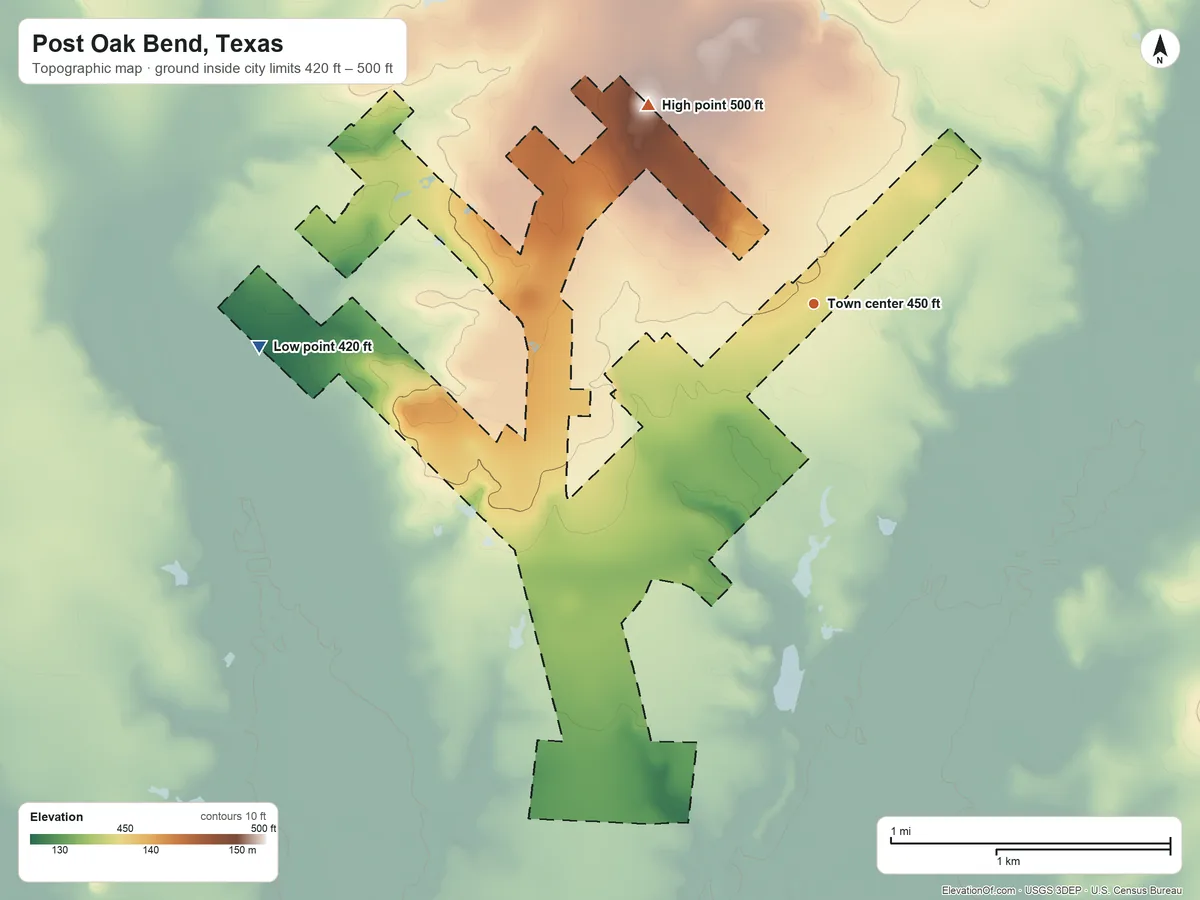 Topographic elevation map of Post Oak Bend, Texas, shaded from 420 ft on the west side to 500 ft on the northwest side