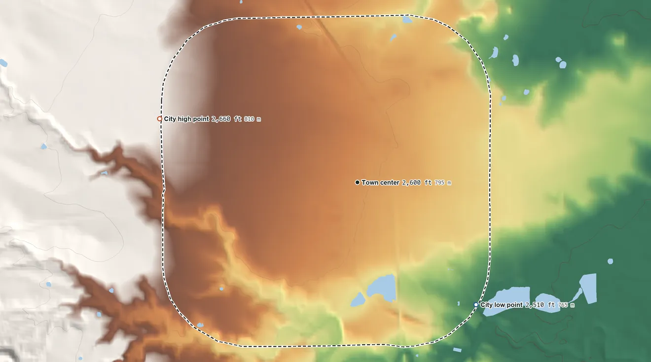 Topographic elevation map of Post, Texas, shaded from 2,510 ft on the southeast side to 2,660 ft on the west side