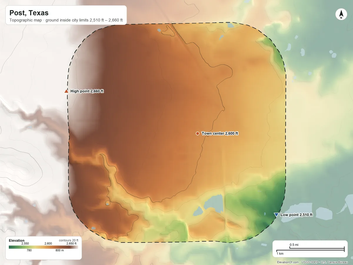 Topographic elevation map of Post, Texas, shaded from 2,510 ft on the southeast side to 2,660 ft on the west side