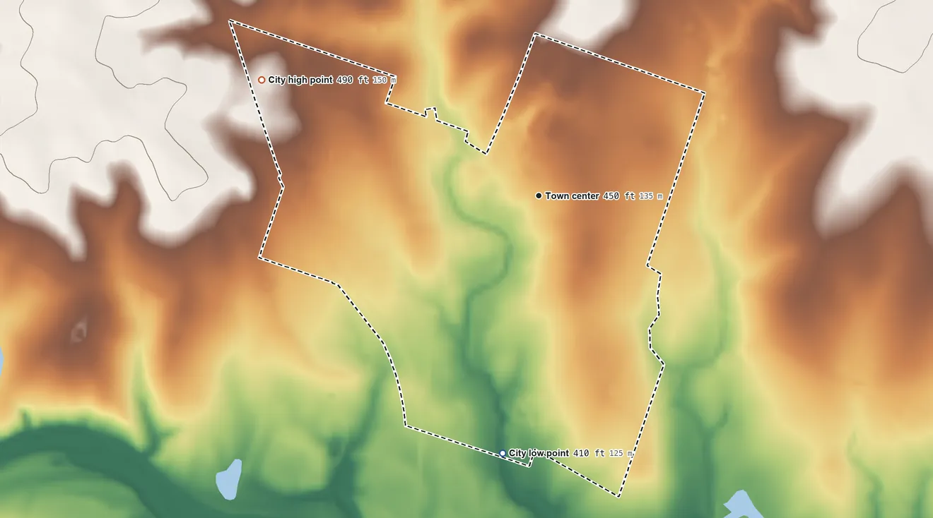 Topographic elevation map of Poteet, Texas, shaded from 410 ft on the south side to 490 ft on the northwest side