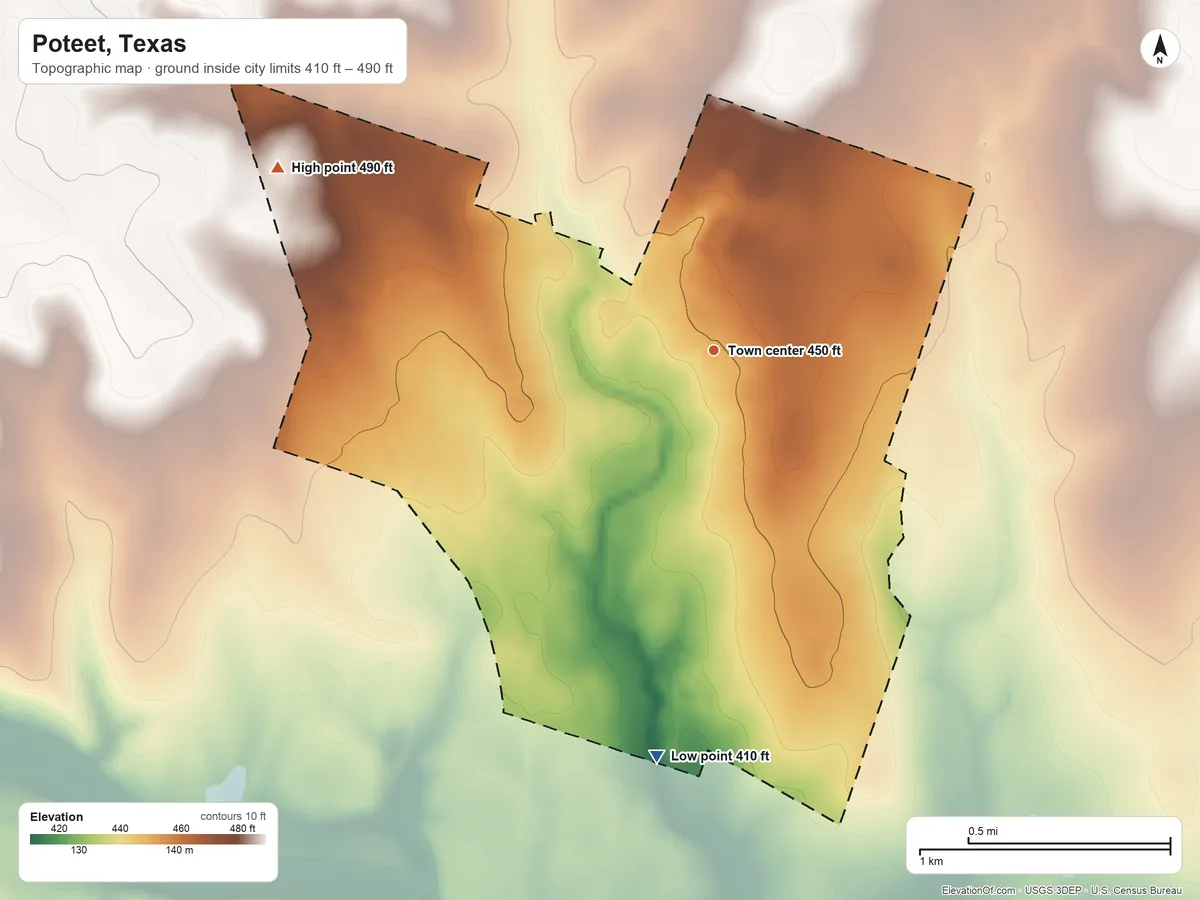 Topographic elevation map of Poteet, Texas, shaded from 410 ft on the south side to 490 ft on the northwest side